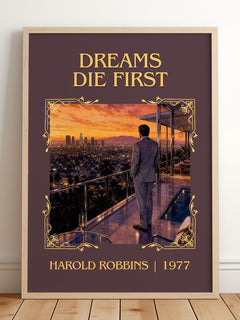 Dreams Die First Classic Book Art Print by Harold Robbins – framed print leaning on a wooden floor