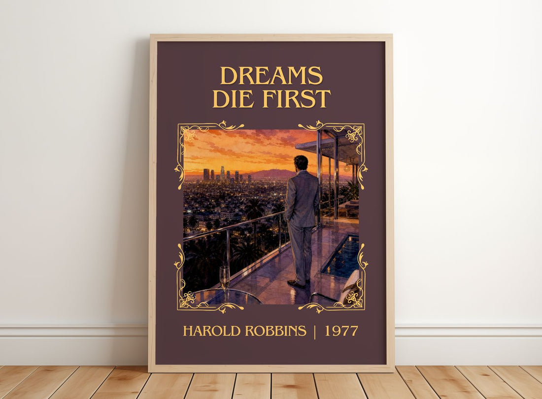 Dreams Die First Classic Book Art Print by Harold Robbins – framed print leaning on a wooden floor