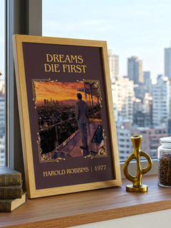 Dreams Die First Classic Book Art Print by Harold Robbins – framed print on a city-view windowsill