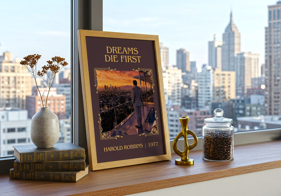 Dreams Die First Classic Book Art Print by Harold Robbins – framed print on a city-view windowsill