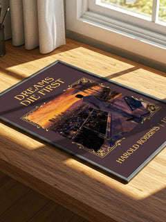Dreams Die First Classic Book Art Print by Harold Robbins – print on a sunlit desk