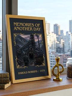 Memories Of Another Day Classic Book Art Print by Harold Robbins – framed print on a city-view windowsill