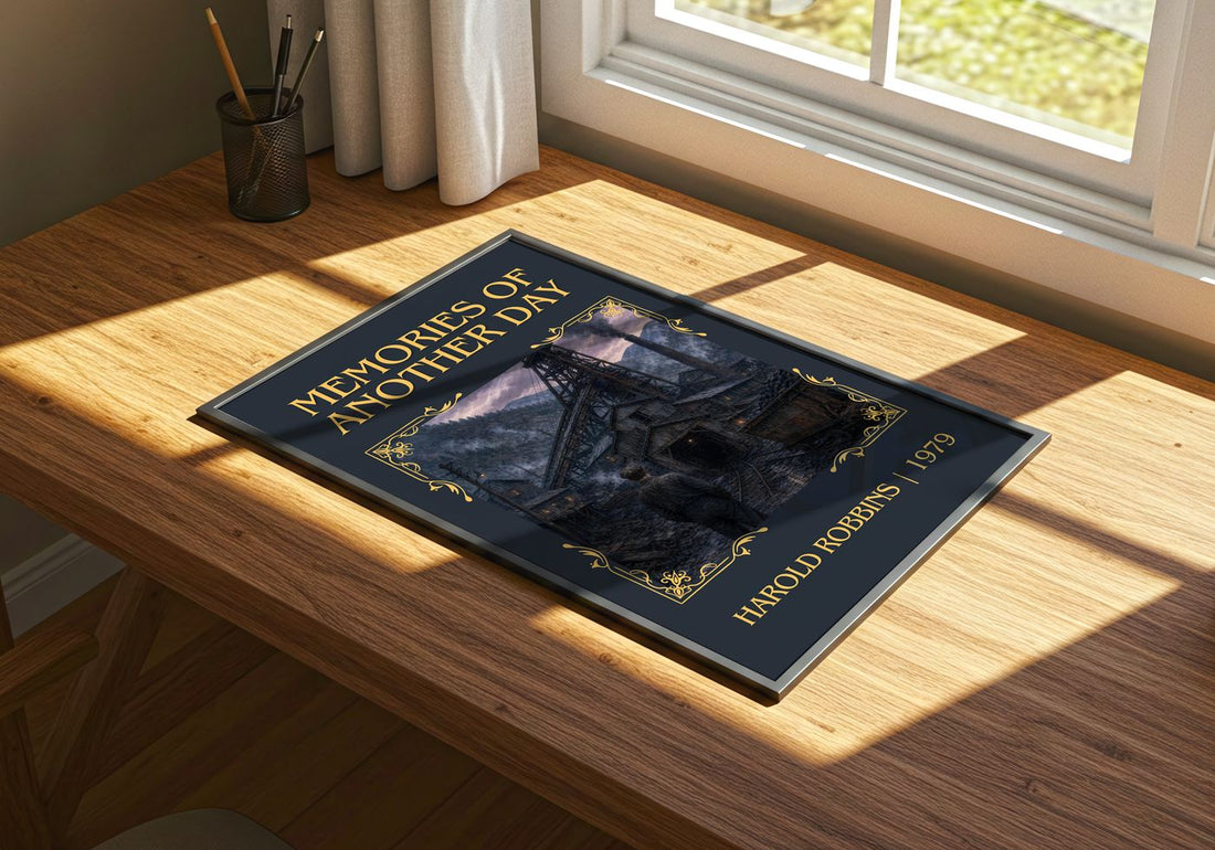 Memories Of Another Day Classic Book Art Print by Harold Robbins – print on a sunlit desk