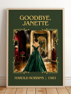 Goodbye, Janette Classic Book Art Print by Harold Robbins – framed print leaning on a wooden floor