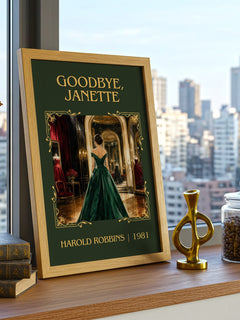 Goodbye, Janette Classic Book Art Print by Harold Robbins – framed print on a city-view windowsill
