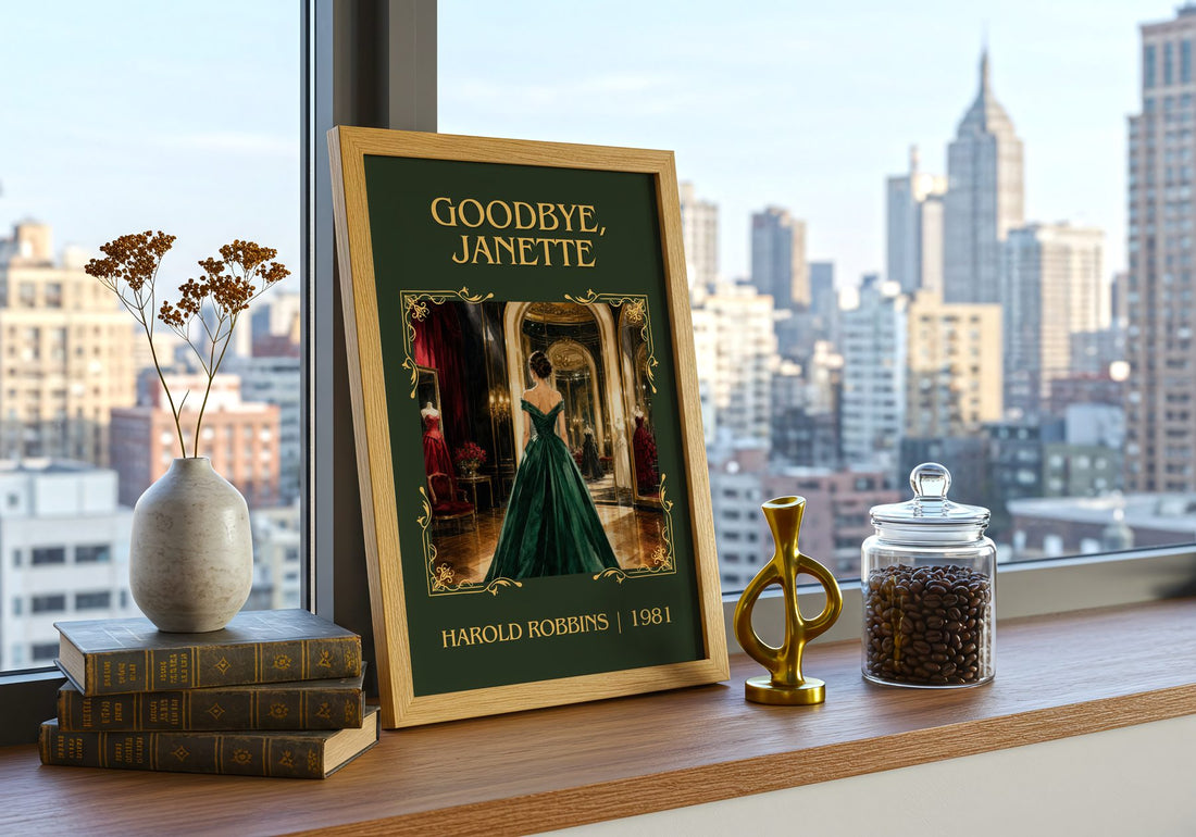 Goodbye, Janette Classic Book Art Print by Harold Robbins – framed print on a city-view windowsill
