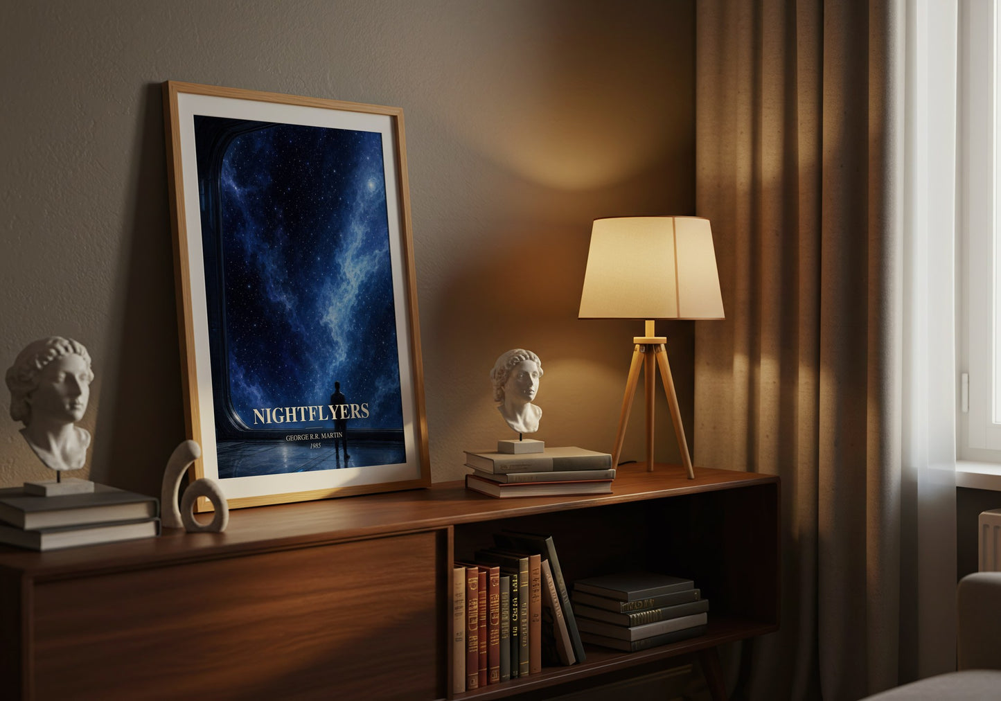 Nightflyers watercolour print on bookshelf – George R.R. Martin fan gift