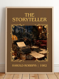 The Storyteller Classic Book Art Print by Harold Robbins – framed print leaning on a wooden floor