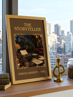 The Storyteller Classic Book Art Print by Harold Robbins – framed print on a city-view windowsill