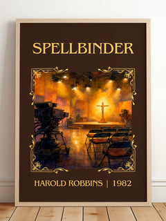 Spellbinder Classic Book Art Print by Harold Robbins – framed print leaning on a wooden floor