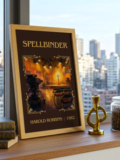 Spellbinder Classic Book Art Print by Harold Robbins – framed print on a city-view windowsill