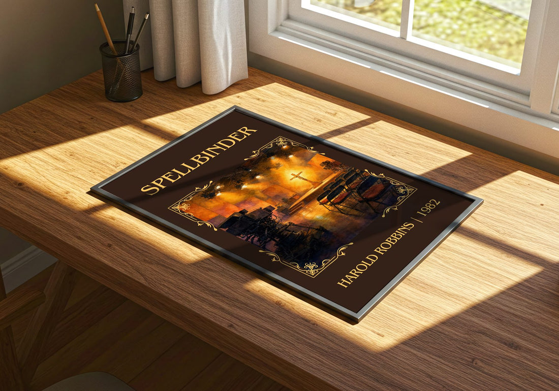 Spellbinder Classic Book Art Print by Harold Robbins – print on a sunlit desk