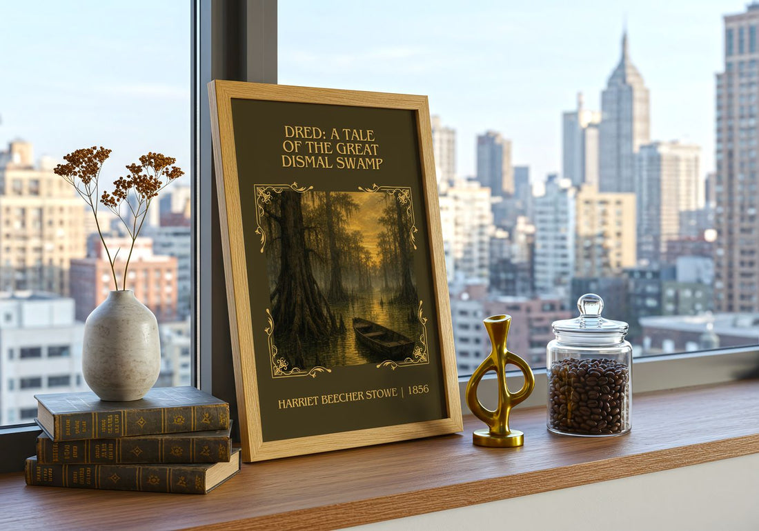 Dred: A Tale Of The Great Dismal Swamp Classic Book Art Print by Harriet Beecher Stowe – framed print on a city-view windowsill
