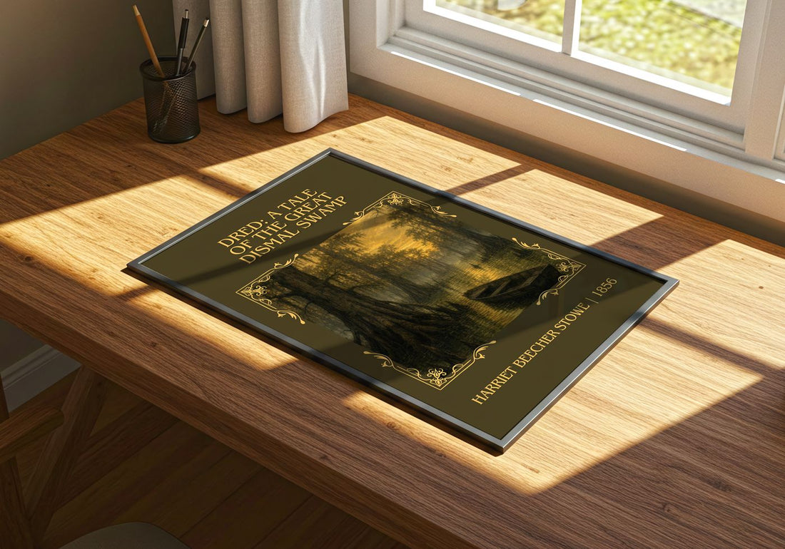 Dred: A Tale Of The Great Dismal Swamp Classic Book Art Print by Harriet Beecher Stowe – print on a sunlit desk