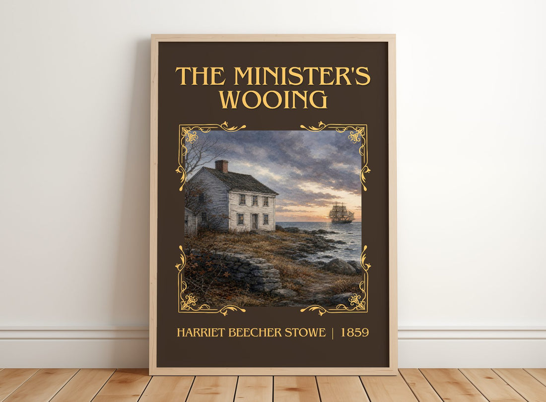 The Minister's Wooing Classic Book Art Print by Harriet Beecher Stowe – framed print leaning on a wooden floor