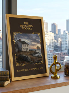 The Minister's Wooing Classic Book Art Print by Harriet Beecher Stowe – framed print on a city-view windowsill