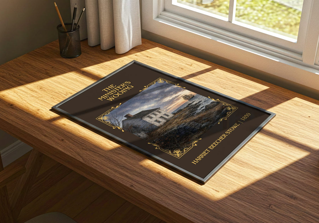 The Minister's Wooing Classic Book Art Print by Harriet Beecher Stowe – print on a sunlit desk