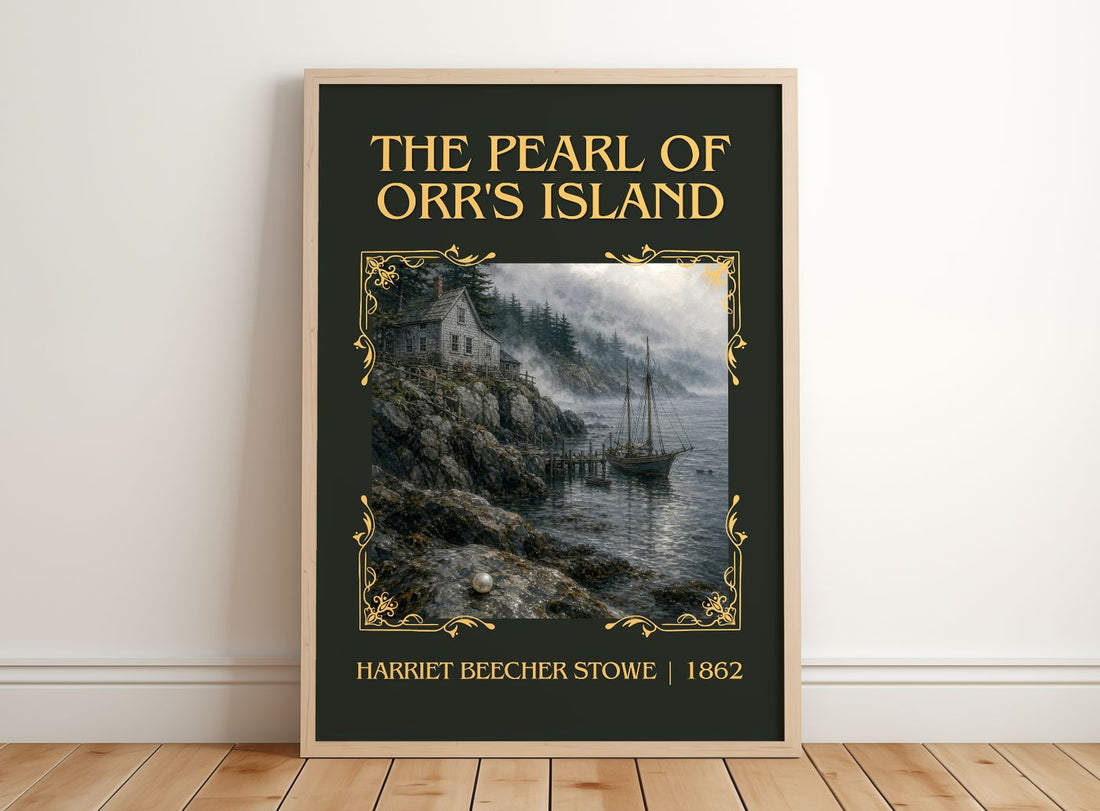 Pearl Of Orr's Island Classic Book Art Print by Harriet Beecher Stowe – framed print leaning on a wooden floor