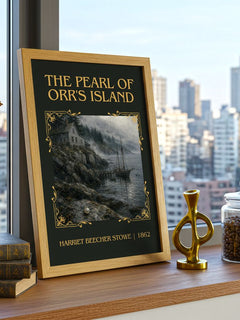 Pearl Of Orr's Island Classic Book Art Print by Harriet Beecher Stowe – framed print on a city-view windowsill