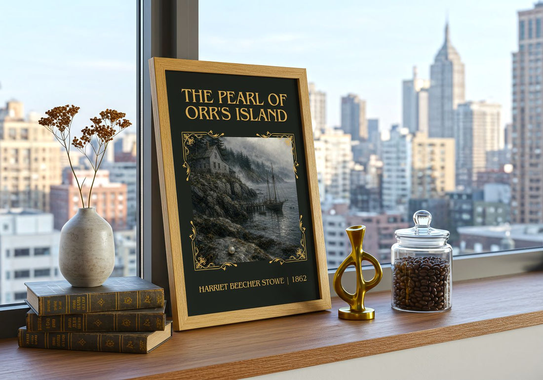 Pearl Of Orr's Island Classic Book Art Print by Harriet Beecher Stowe – framed print on a city-view windowsill