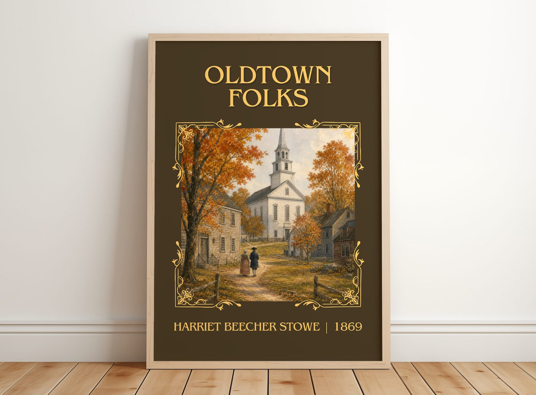 Oldtown Folks Classic Book Art Print by Harriet Beecher Stowe – framed print leaning on a wooden floor