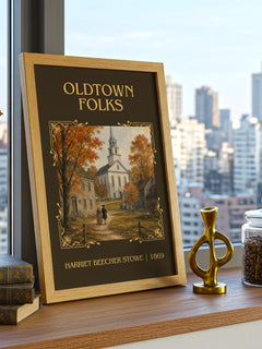 Oldtown Folks Classic Book Art Print by Harriet Beecher Stowe – framed print on a city-view windowsill
