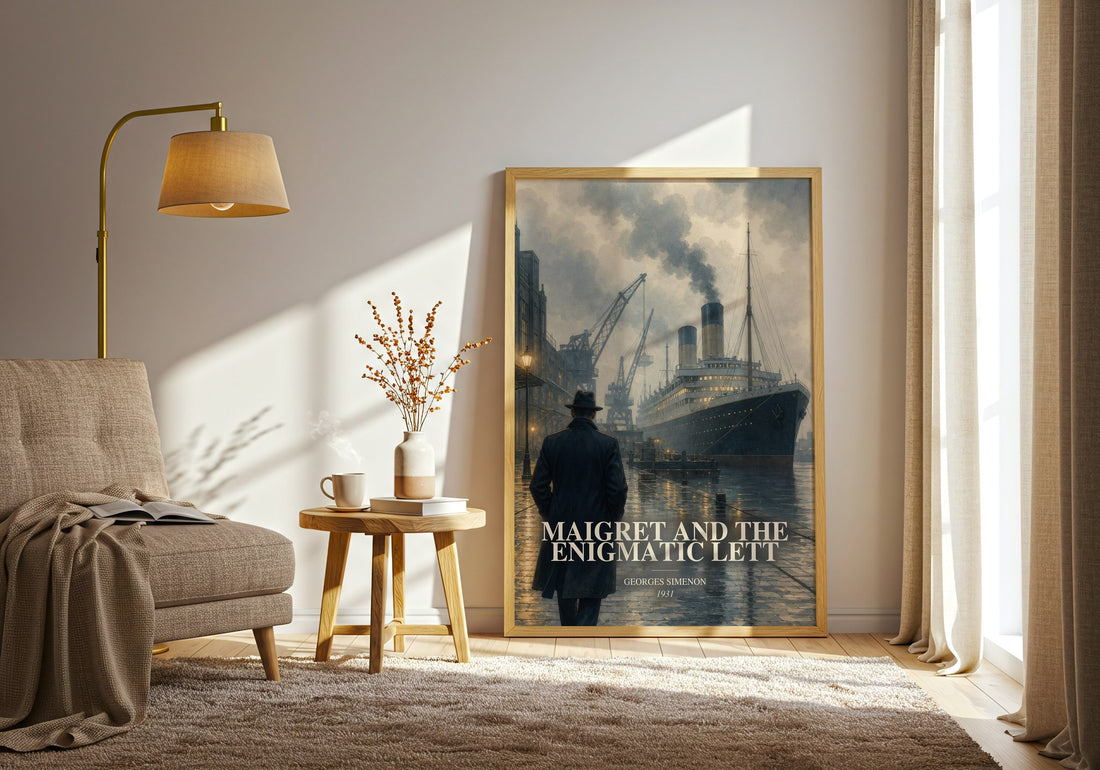 Maigret And The Enigmatic Lett watercolour print in frame leaning in hallway – mystery wall art (mockup)