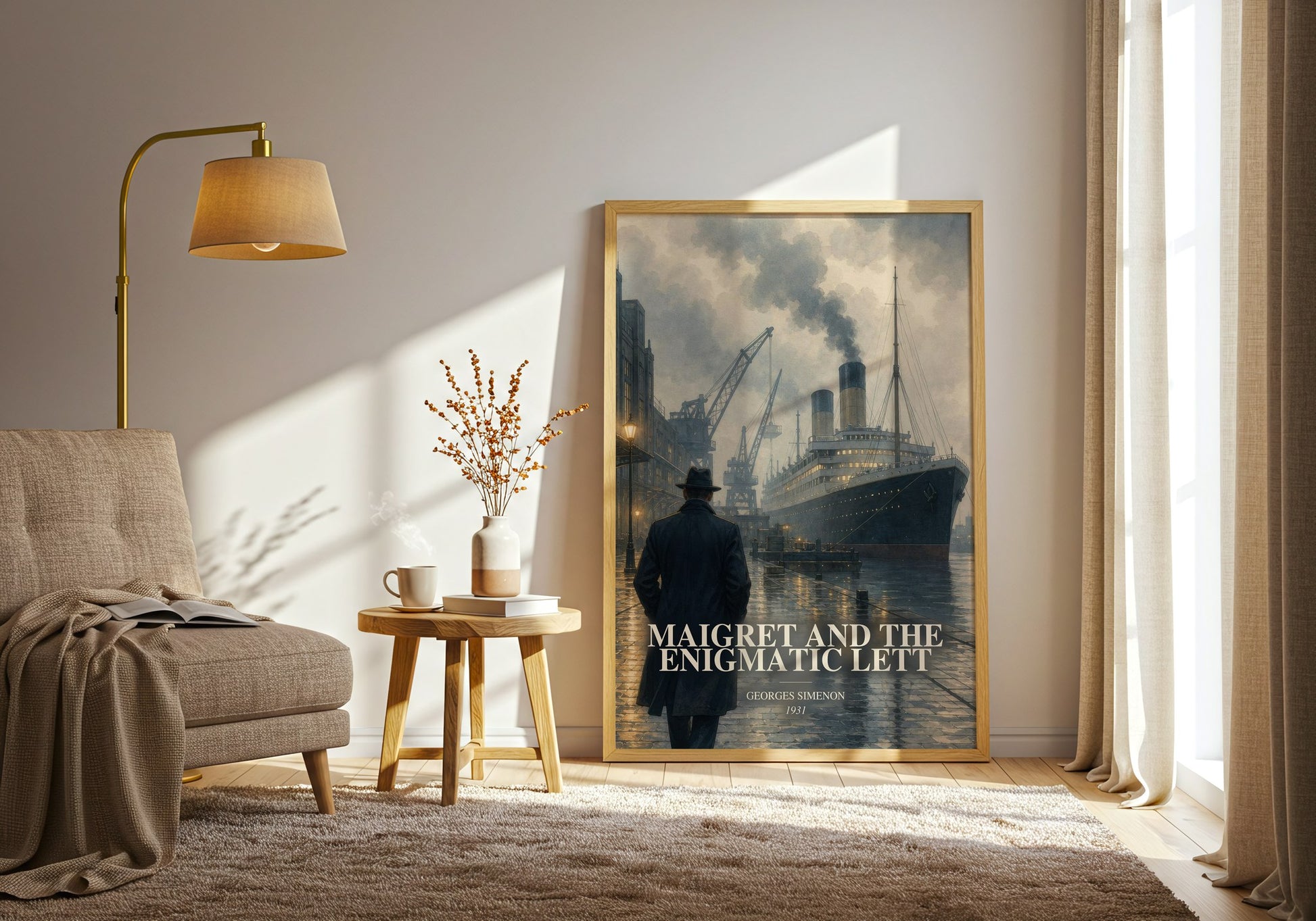 Maigret And The Enigmatic Lett watercolour print in frame leaning in hallway – mystery wall art