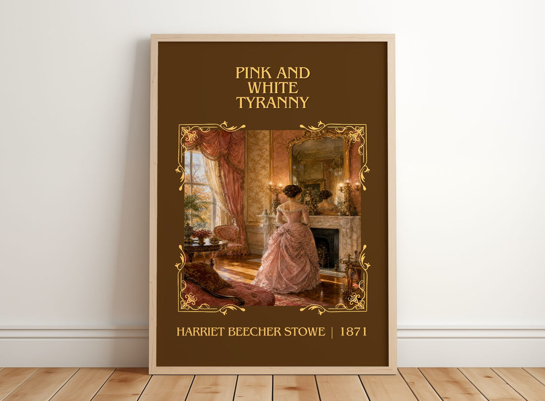 Pink And White Tyranny Classic Book Art Print by Harriet Beecher Stowe – framed print leaning on a wooden floor
