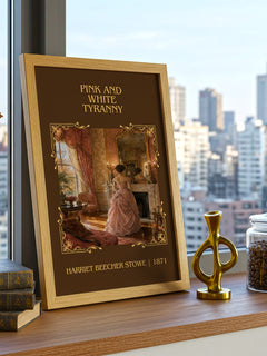 Pink And White Tyranny Classic Book Art Print by Harriet Beecher Stowe – framed print on a city-view windowsill