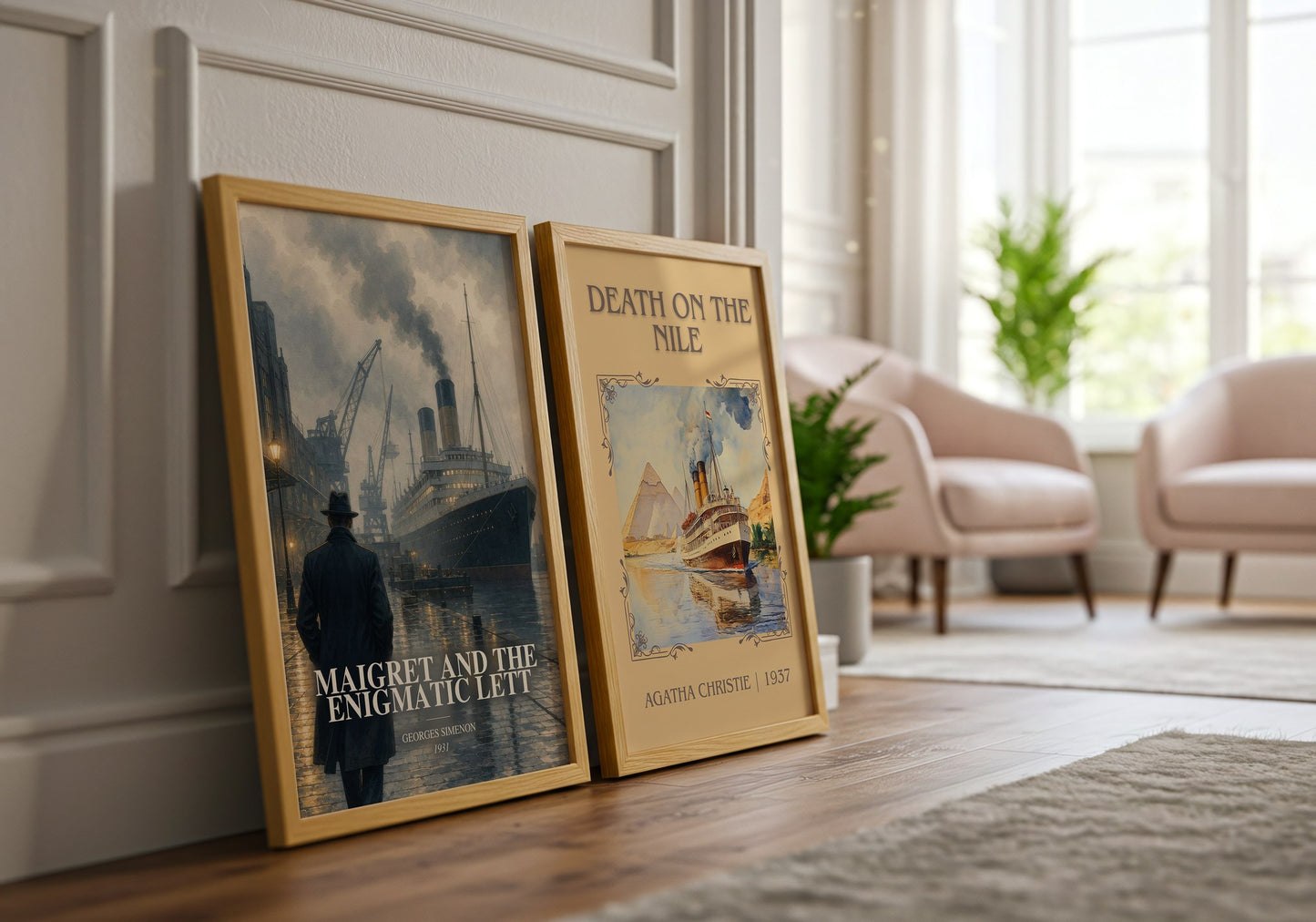Maigret And The Enigmatic Lett watercolour print framed by window – literary home decor