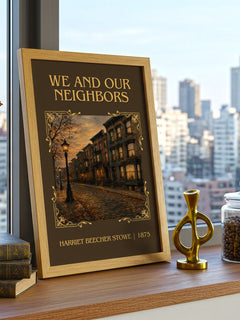 We And Our Neighbors Classic Book Art Print by Harriet Beecher Stowe – framed print on a city-view windowsill