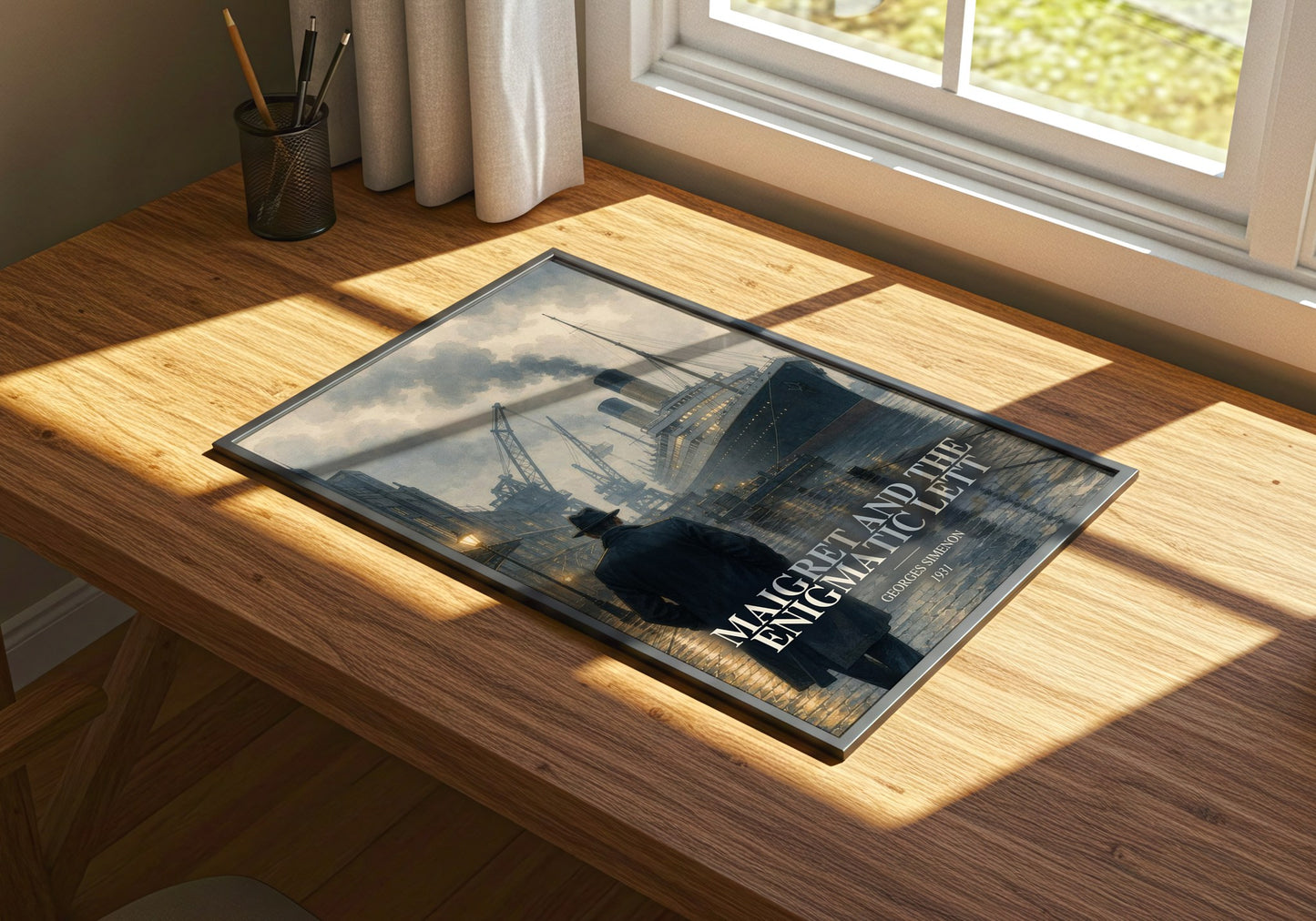 Maigret And The Enigmatic Lett watercolour book poster framed on wall – mystery wall art