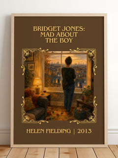 Bridget Jones: Mad About The Boy Classic Book Art Print by H. Fielding – framed print leaning on a wooden floor