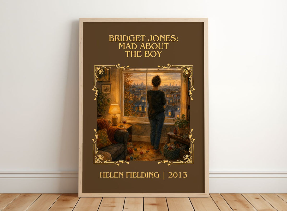 Bridget Jones: Mad About The Boy Classic Book Art Print by H. Fielding – framed print leaning on a wooden floor