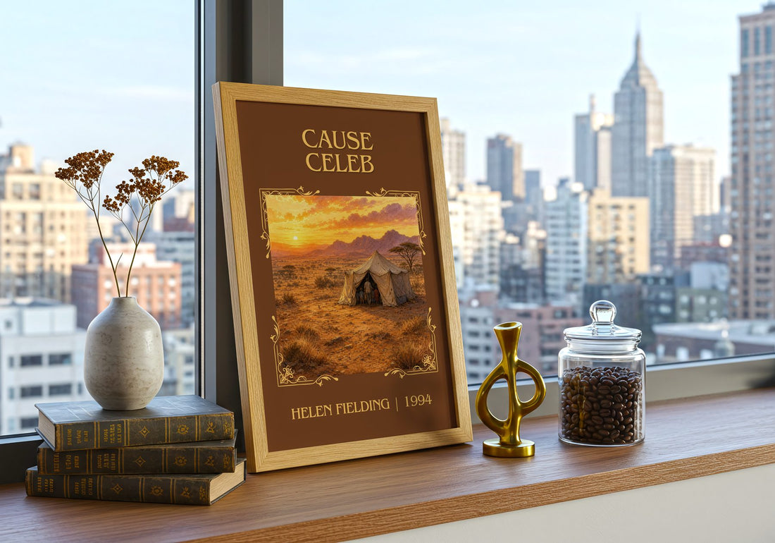 Cause Celeb Classic Book Art Print by Helen Fielding – framed print on a city-view windowsill