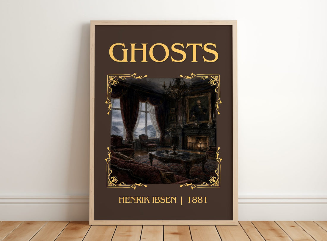 Ghosts Classic Book Art Print by Henrik Ibsen – framed print leaning on a wooden floor