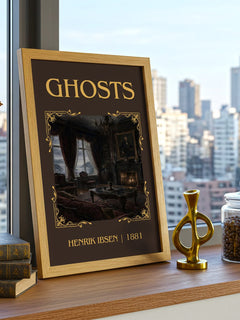 Ghosts Classic Book Art Print by Henrik Ibsen – framed print on a city-view windowsill