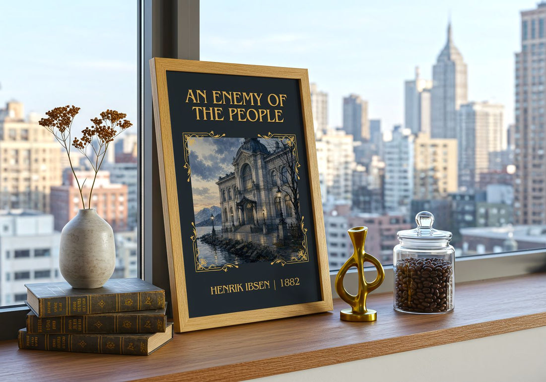 An Enemy Of The People Classic Book Art Print by Henrik Ibsen – framed print on a city-view windowsill