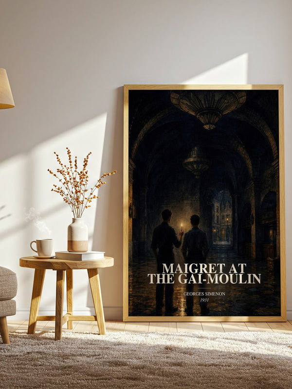 Maigret At The Gai-Moulin watercolour print in frame leaning in hallway – mystery wall art