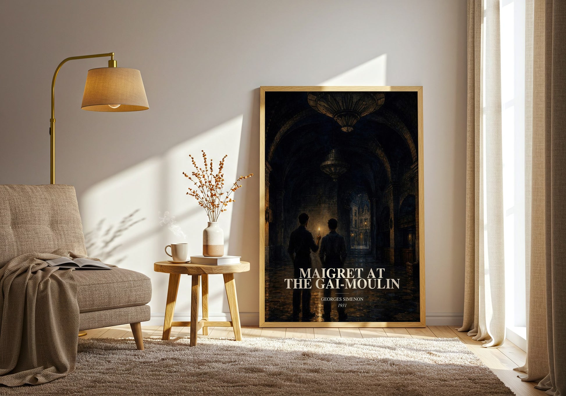 Maigret At The Gai-Moulin watercolour print in frame leaning in hallway – mystery wall art
