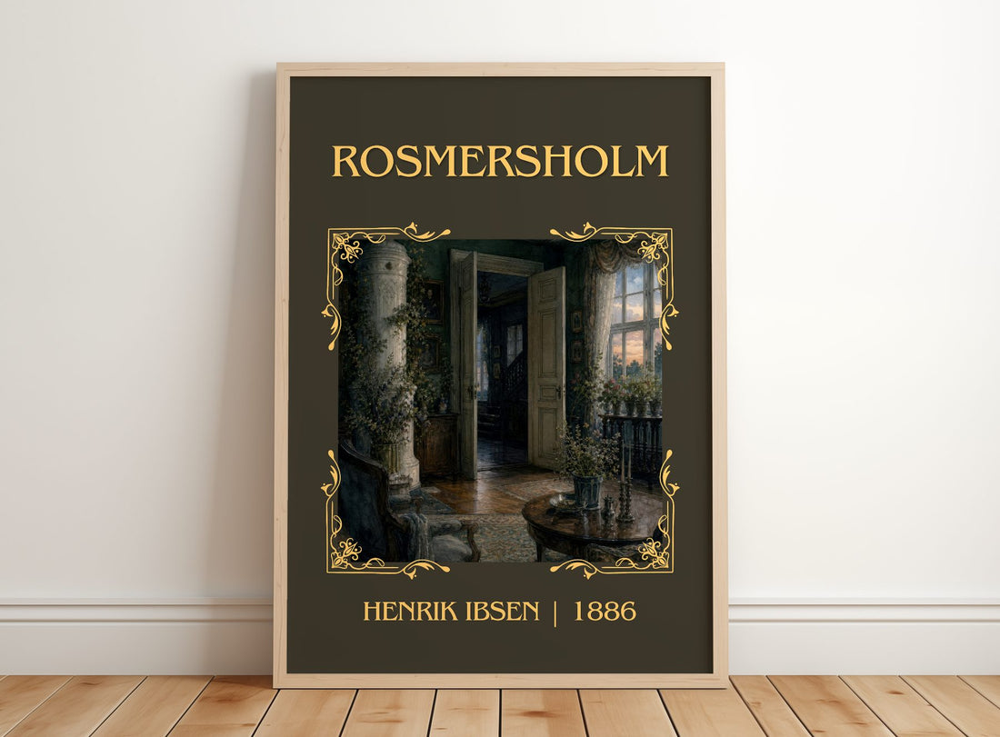 Rosmersholm Classic Book Art Print by Henrik Ibsen – framed print leaning on a wooden floor