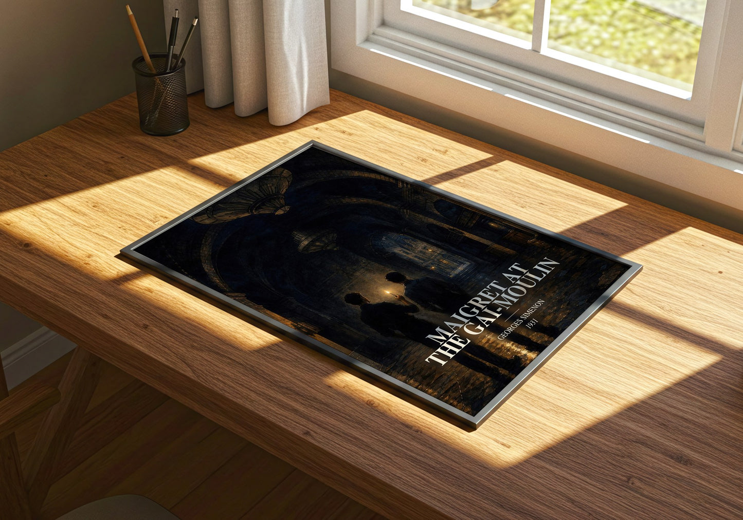 Maigret At The Gai-Moulin watercolour book poster framed on wall – mystery wall art