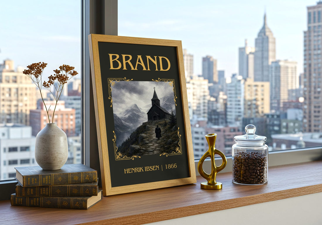 Brand Classic Book Art Print by Henrik Ibsen – framed print on a city-view windowsill