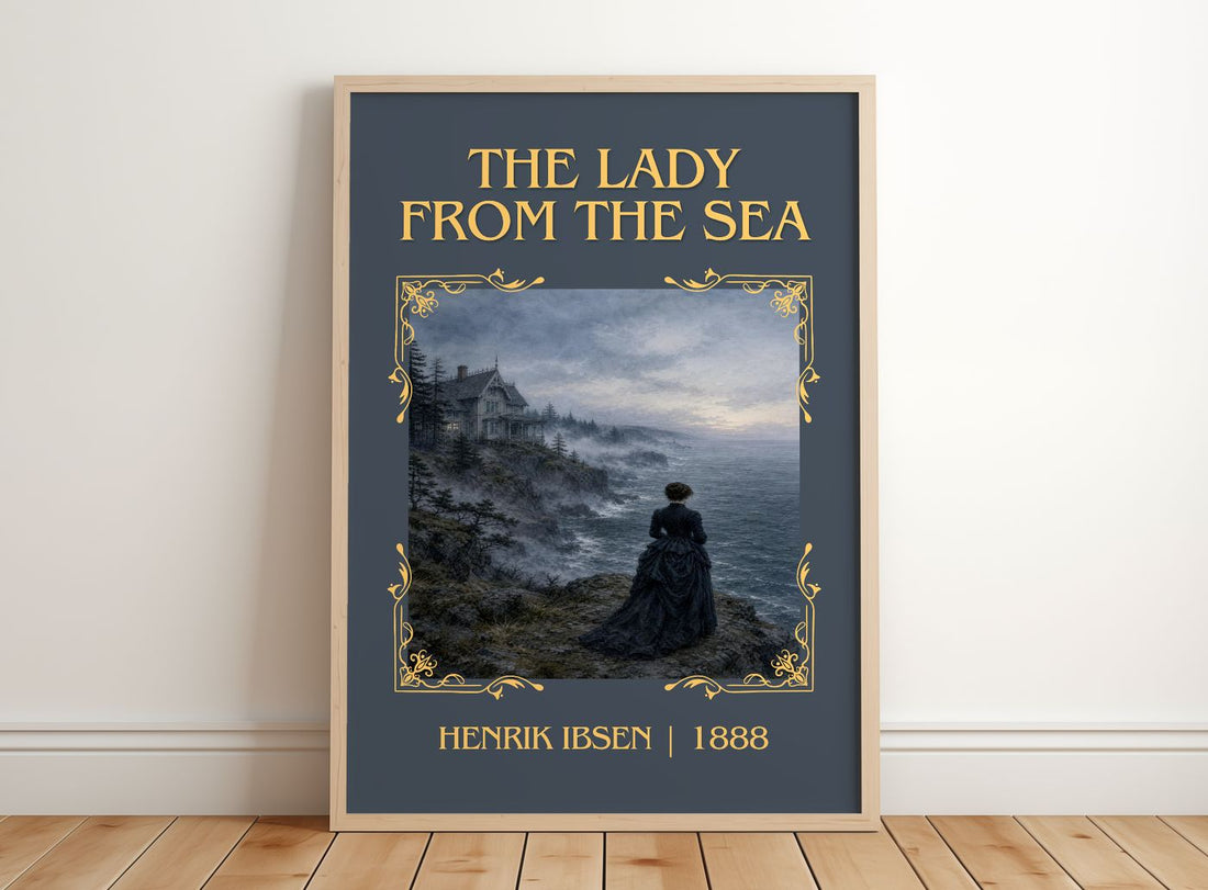 The Lady From The Sea Classic Book Art Print by Henrik Ibsen – framed print leaning on a wooden floor