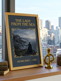 The Lady From The Sea Classic Book Art Print by Henrik Ibsen – framed print on a city-view windowsill