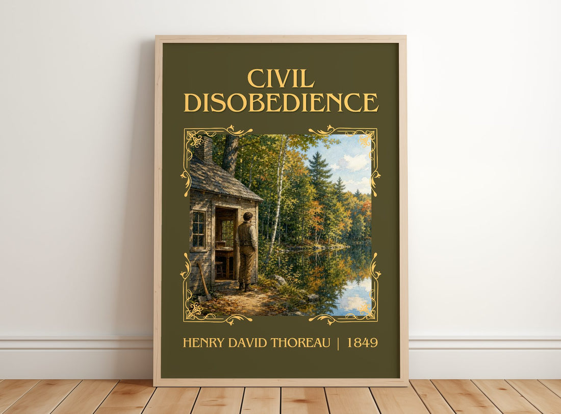 Civil Disobedience Classic Book Art Print by Henry David Thoreau – framed print leaning on a wooden floor