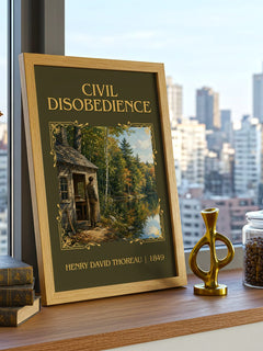 Civil Disobedience Classic Book Art Print by Henry David Thoreau – framed print on a city-view windowsill
