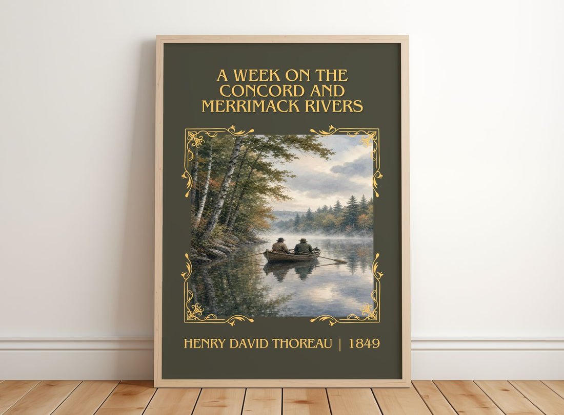 A Week On The Concord And Merrimack Rivers Classic Book Art Print by Henry David Thoreau – framed print leaning on a wooden floor