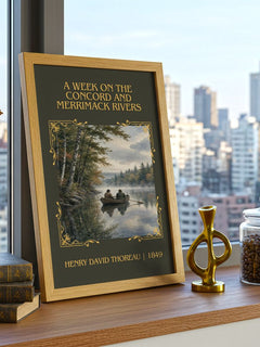 A Week On The Concord And Merrimack Rivers Classic Book Art Print by Henry David Thoreau – framed print on a city-view windowsill